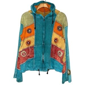 Greater Good Network Women’s Size S Blue Rainbow Patchwork Hippie Nepal Hoodie